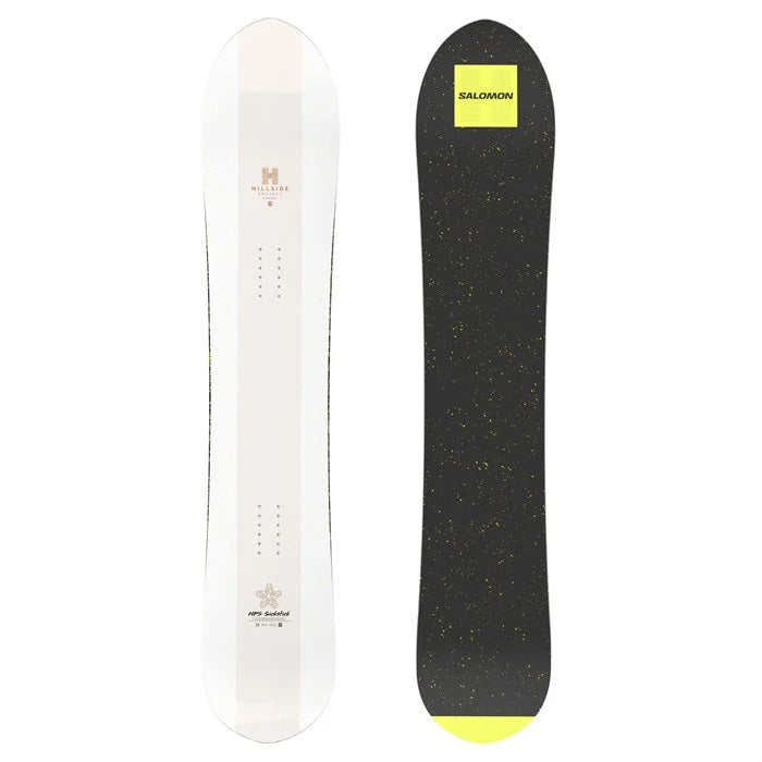 2025 Salomon Sickstick snowboard (white top sheet, black/yellow base) available at Mad Dog's Ski & Board in Abbotsford, BC.