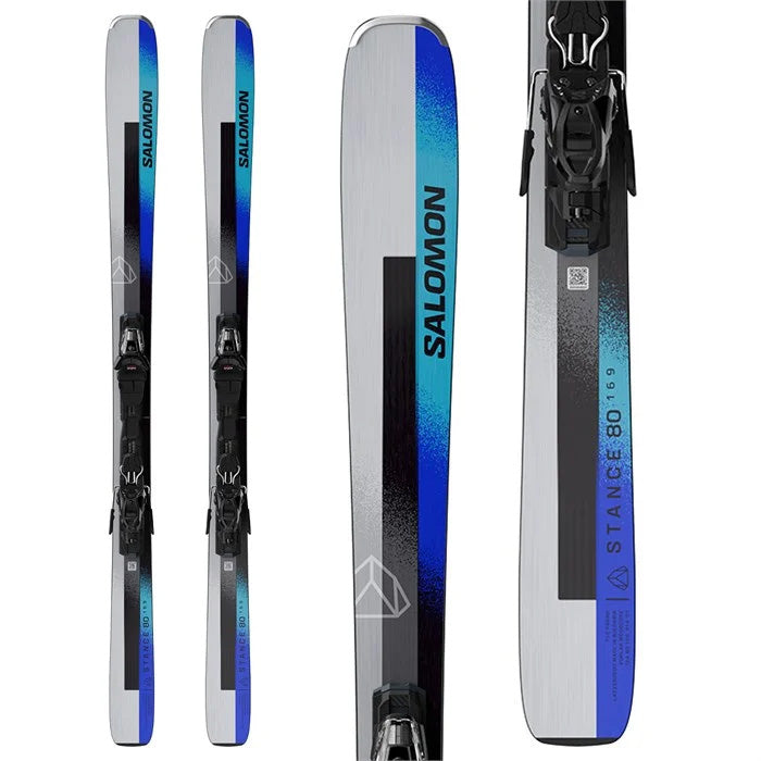 2025 Salomon Stance 80 unisex sis with M11 GW bindings (blue, grey) available at Mad Dog's Ski & Board in Abbotsford, BC.