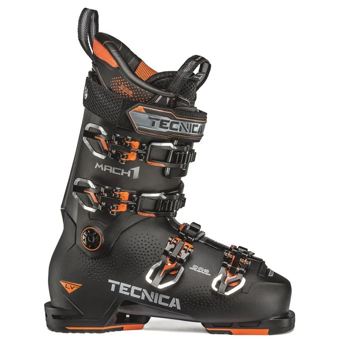 Tecnica Mach1 LV 110 ski boots (black/orange) available at Mad Dog's Ski & Board in Abbotsford, BC.