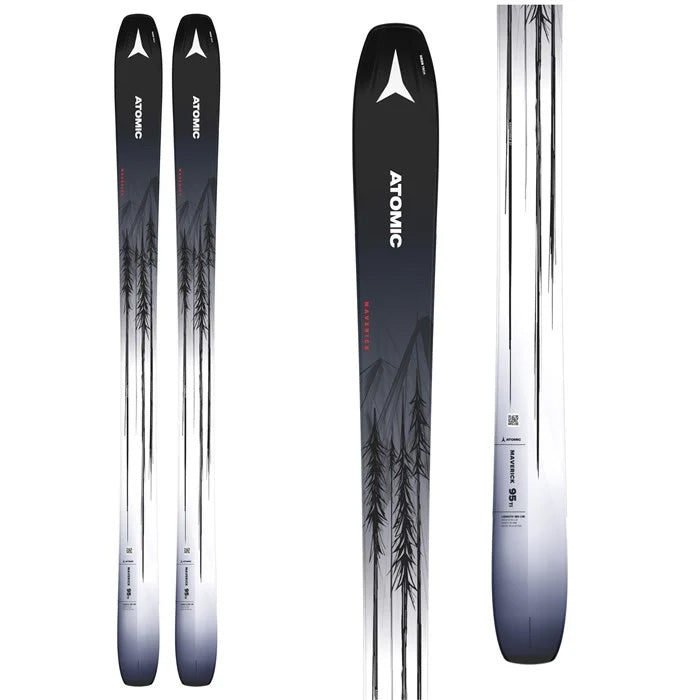 Atomic Maverick 95 TI skis (top graphic) available at Mad Dog's Ski & Board in Abbotsford, BC.