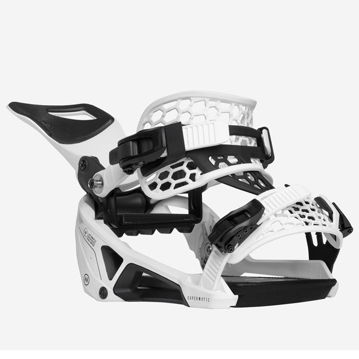 Nidecker Supermatic snowboard bindings (white) available at Mad Dog's Ski & Board in Abbotsford, BC.