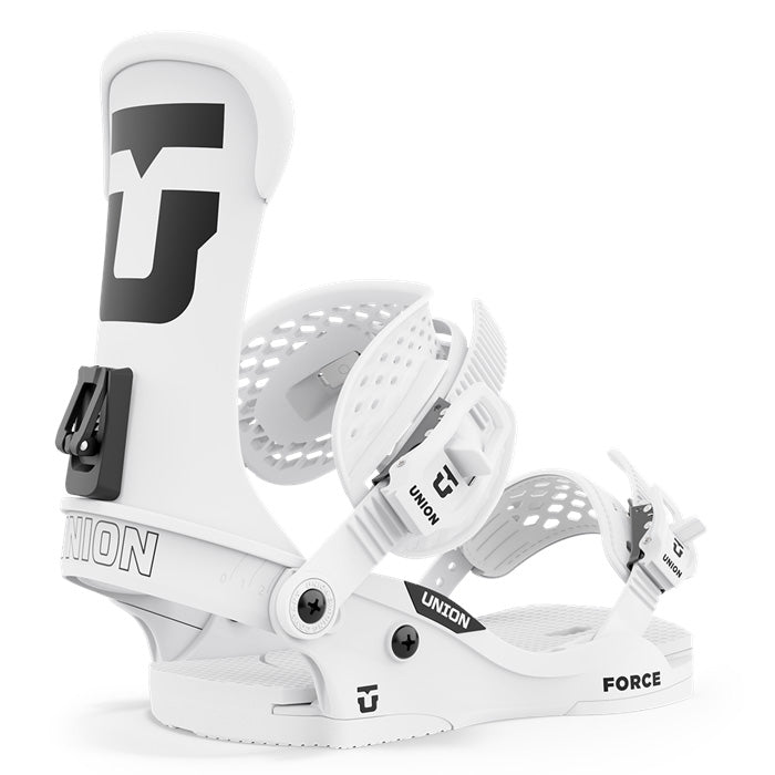 2025 Union Force Classic snowboard bindings (white, team logo) available at Mad Dog's Ski & Board in Abbotsford, BC.