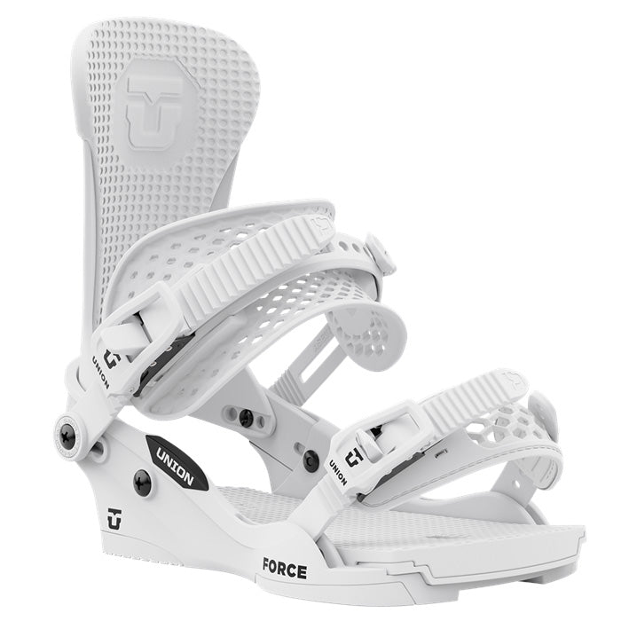 2025 Union Force Classic snowboard bindings (white, team logo) available at Mad Dog's Ski & Board in Abbotsford, BC.