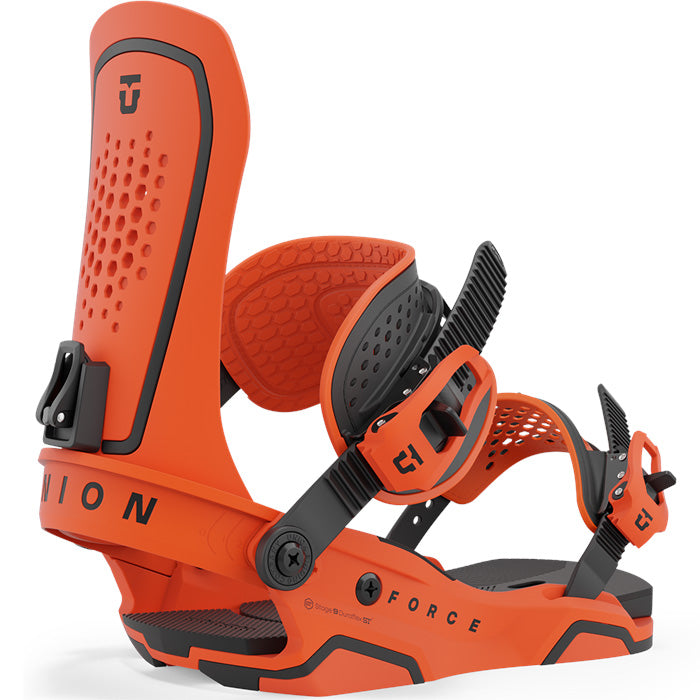 Union Force snowboard bindings (orange) available at Mad Dog's Ski & Board in Abbotsford, BC.