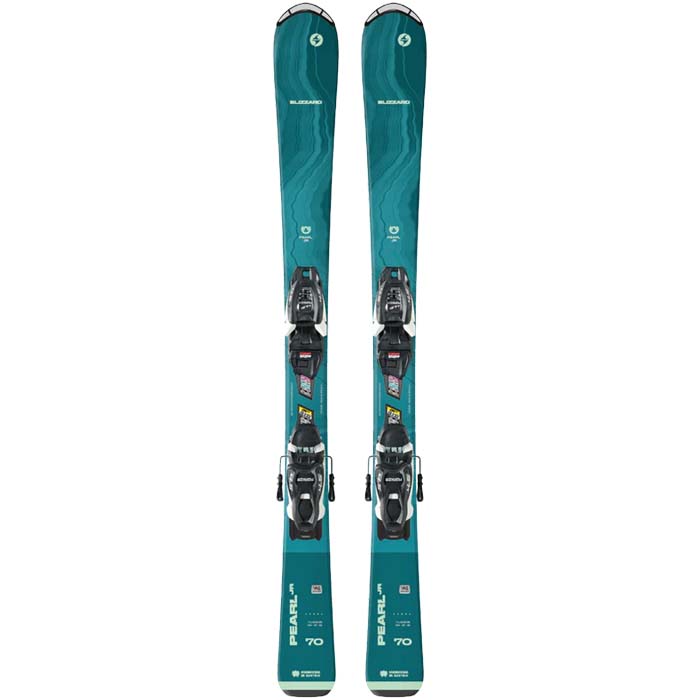 Blizzard Pearl junior skis (top graphic, teal) w. Marker 4.5 Bindings available at Mad Dog's Ski & Board in Abbotsford, BC.