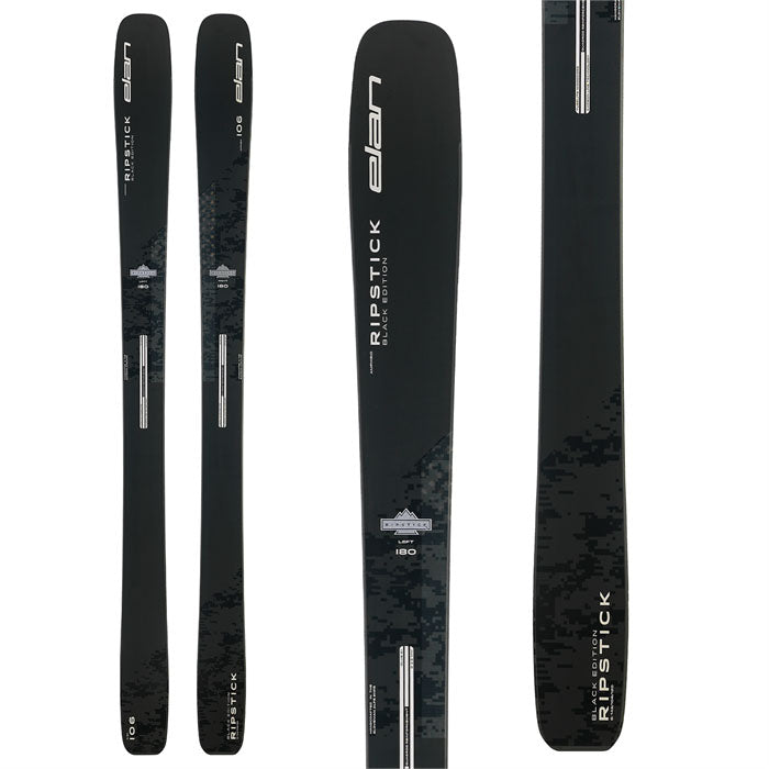 2023 Elan Ripstick 106 Black Edition (front graphic) skis are available at Mad Dog's Ski & Board in Abbotsford, BC.