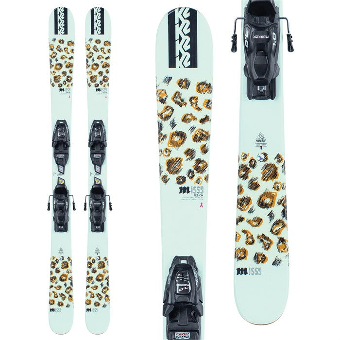 Junior girls K2 Missy skis (top graphic) w. Marker 4.5 bindings are available at Mad Dog's Ski & Board in Abbotsford, BC.