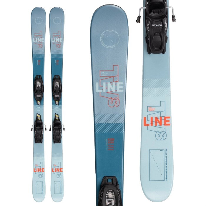 Line Tom Wallisch Shorty skis (top graphic) w Marker 4.5 or 7.0 bindings available at Mad Dog's Ski & Board in Abbotsford, BC.