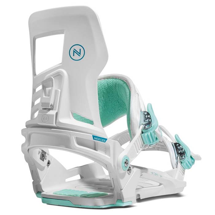 The Nidecker Muon-W women's snowboard bindings (white, rear view) are available at Mad Dog's Ski & Board in Abbotsford, BC. 