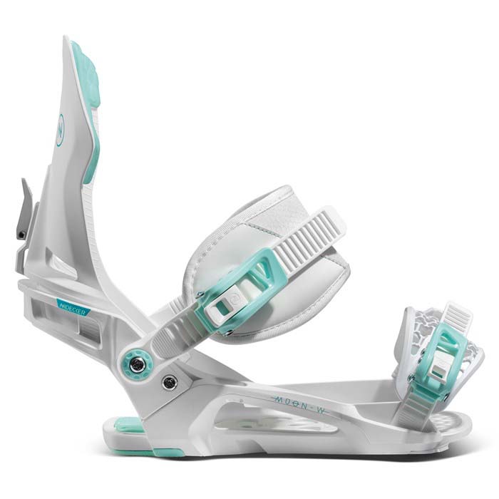The Nidecker Muon-W women's snowboard bindings (white, side view) are available at Mad Dog's Ski & Board in Abbotsford, BC. 