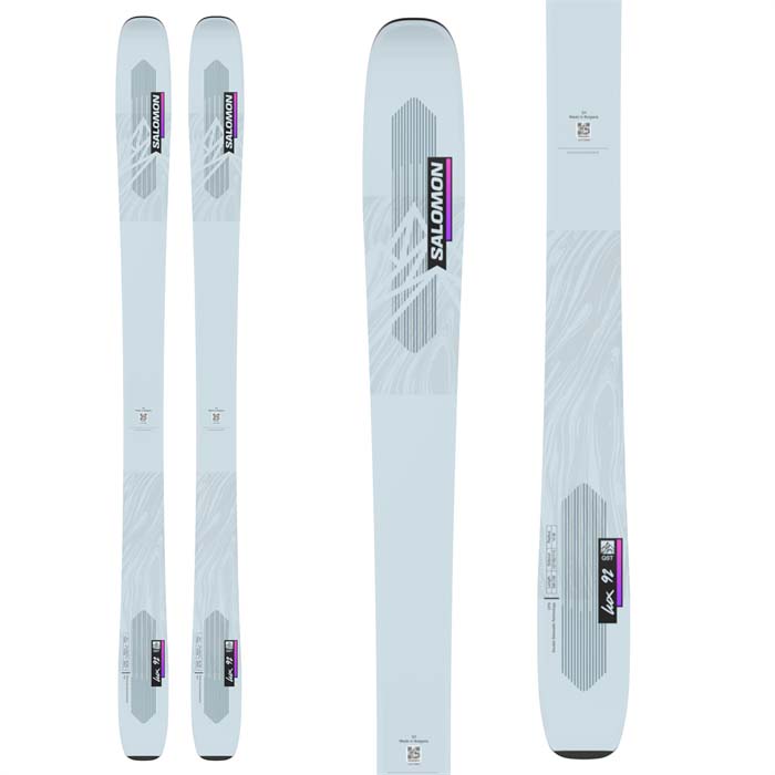 The 2023 Salomon QST LUX 92 women's skis (top graphic)  are available at Mad Dog's Ski & Board in Abbotsford, BC.