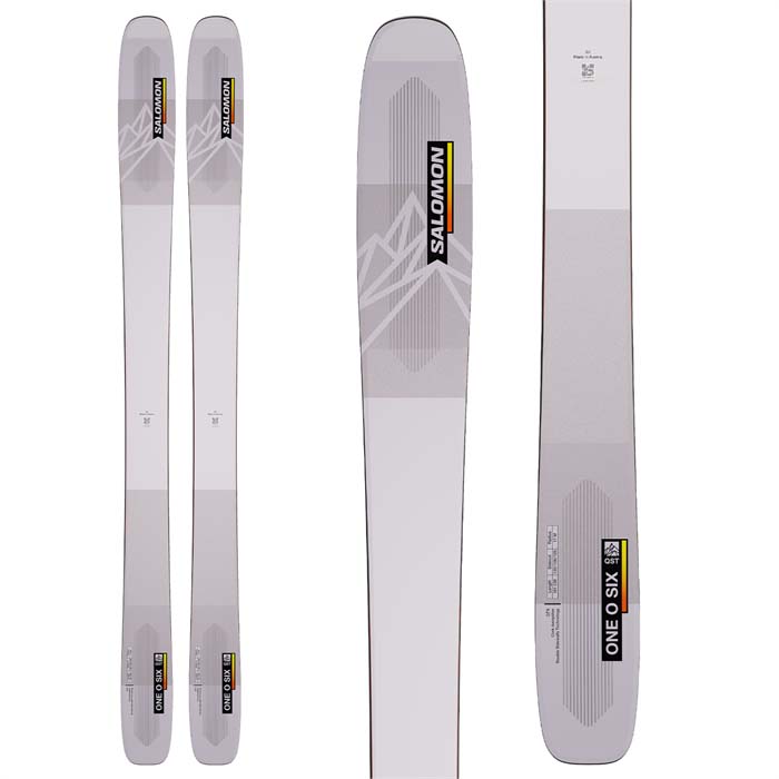 The 2023 Salomon QST 106 Skis (top graphic) are available at Mad Dog's Ski & Board in Abbotsford, BC. 
