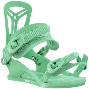 Union Rosa women's snowboard bindings (front view) available at Mad Dog's Ski & Board in Abbotsford, BC.