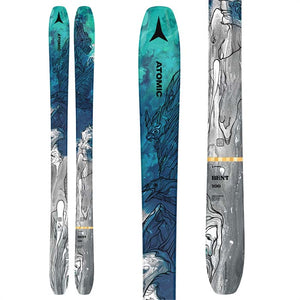 The 2023 Atomic Bent 100 skis (top graphic, blue, grey) are available at Mad Dog's Ski & Board in Abbotsford, BC.