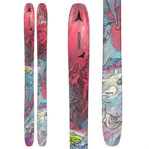 The 2023 Atomic Bent 110 skis (top graphic) are available at Mad Dog's Ski & Board in Abbotsford, BC.