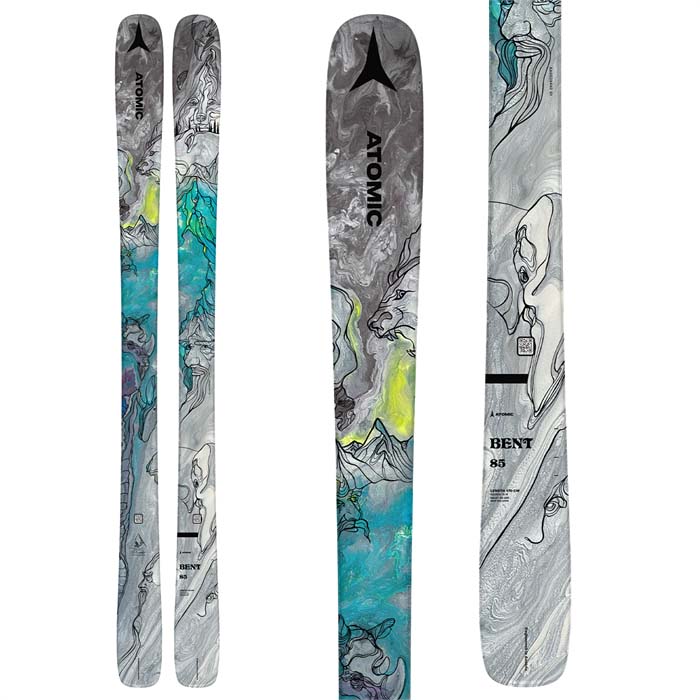The 2023 Atomic Bent 85 skis (top graphic) are available at Mad Dog's Ski & Board in Abbotsford, BC.