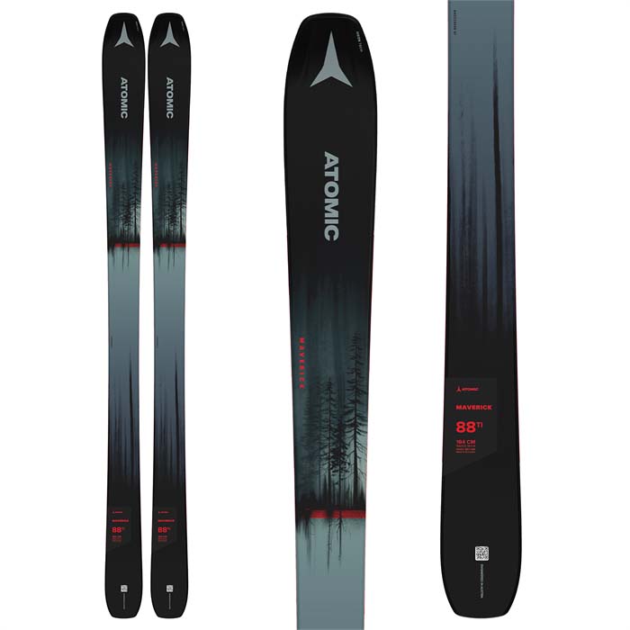 The 2023 Atomic Maverick 88 Ti ski (top graphic) is available at Mad Dog's Ski & Board in Abbotsford, BC.