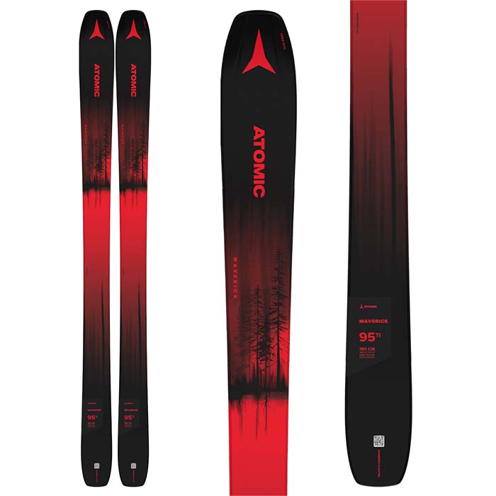 The 2023 Atomic Maverick 95 Ti ski (top graphic, red) is available at Mad Dog's Ski & Board in Abbotsford, BC.