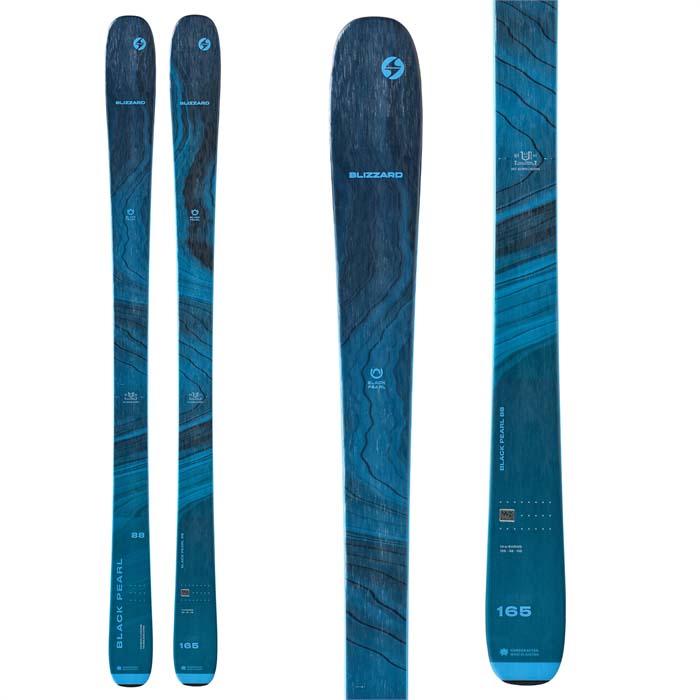 Blizzard Black Pearl 88 women's skis (top graphic, blue) available at Mad Dog's Ski & Board in Abbotsford, BC.  