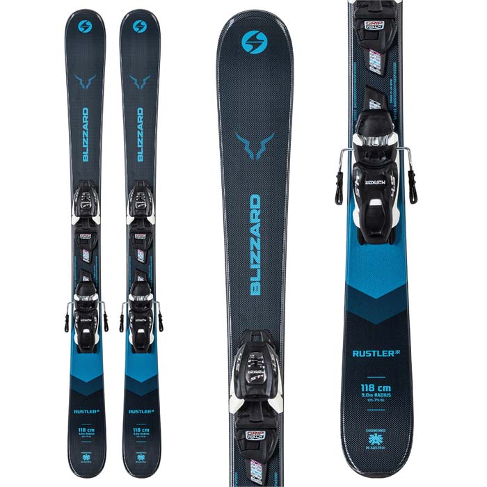 Blizzard Rustler Twin JR skis w. Marker 7 Bindings (top graphic, blue) available at Mad Dog's Ski & Board in Abbotsford, BC. 