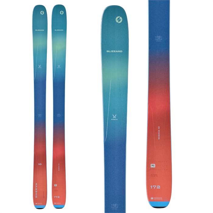 2023 Blizzard Sheeva 10 women's skis (top graphic, multi coloured) available at Mad Dog's Ski & Board in Abbotsford, BC. 