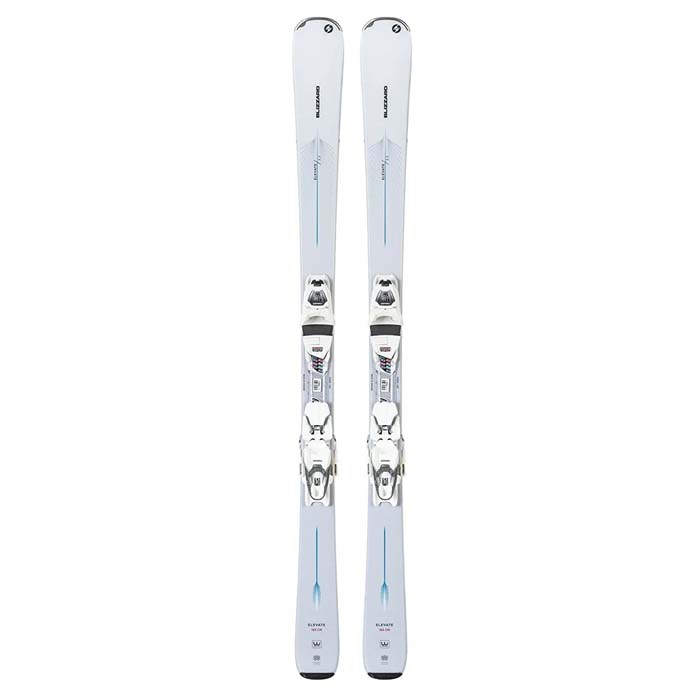 Blizzard Elevate 7.7 women's skis (top graphic, white) with TLT 10 Bindings available at Mad Dog's Ski & Board in Abbotsford, BC.