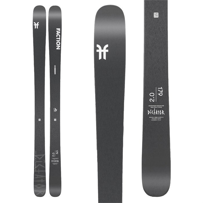 Faction Dictator 2.0 skis (top graphic) available at Mad Dog's Ski & Board in Abbotsford, BC