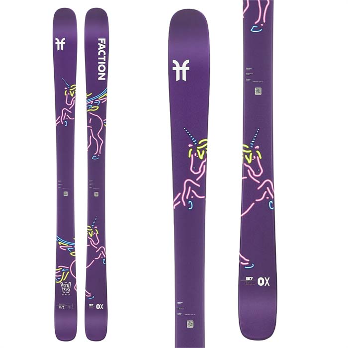 Faction Prodigy 0X skis (top graphic, purple) are available at Mad Dog's Ski & Board in Abbotsford, BC. 