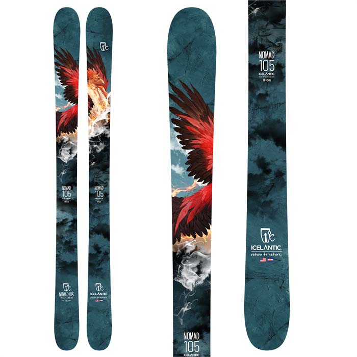 The 2023 Icelantic Nomad 105 Ski (top graphic) is available at Mad Dog's Ski & Board in Abbotsford, BC.