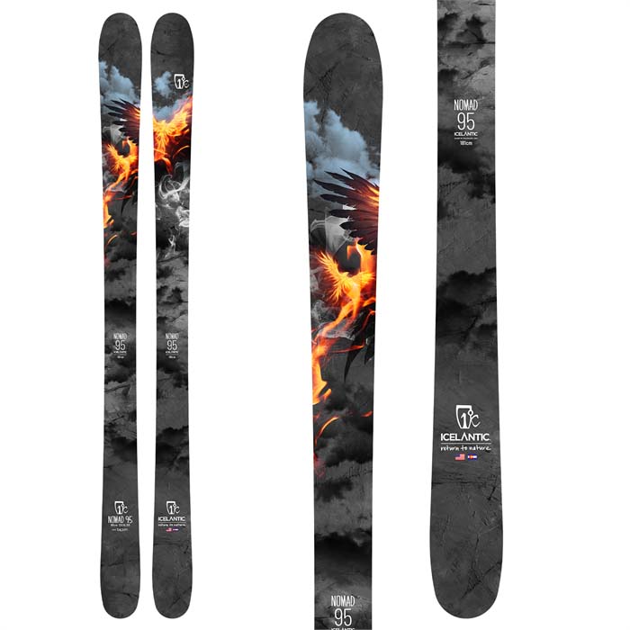 The 2023 Icelantic Nomad 95 Ski (top graphic) is available at Mad Dog's Ski & Board in Abbotsford, BC.