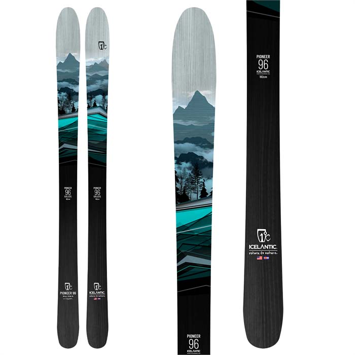 The 2023 Icelantic Pioneer 96 Ski (top graphic) is available at Mad Dog's Ski & Board in Abbotsford, BC.