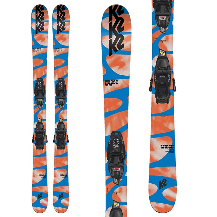 K2 Missy junior skis (top graphic) w/ Marker 4.5 or 7.0 bindings are available at Mad Dog's Ski & Board in Abbotsford, BC. 