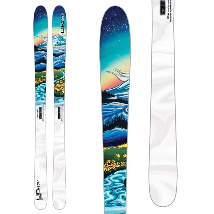 The 2023 Lib Tech Lipstick 88 skis (top graphic) are available at Mad Dog's Ski & Board in Abbotsford, BC