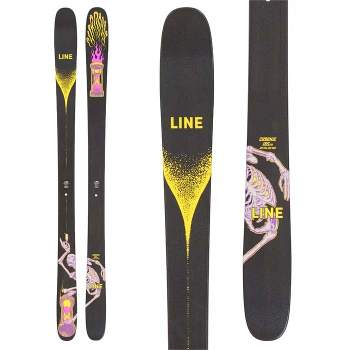 2023 LINE Chronic skis (top graphic) are available at Mad Dog's Ski & Board in Abbotsford, BC.