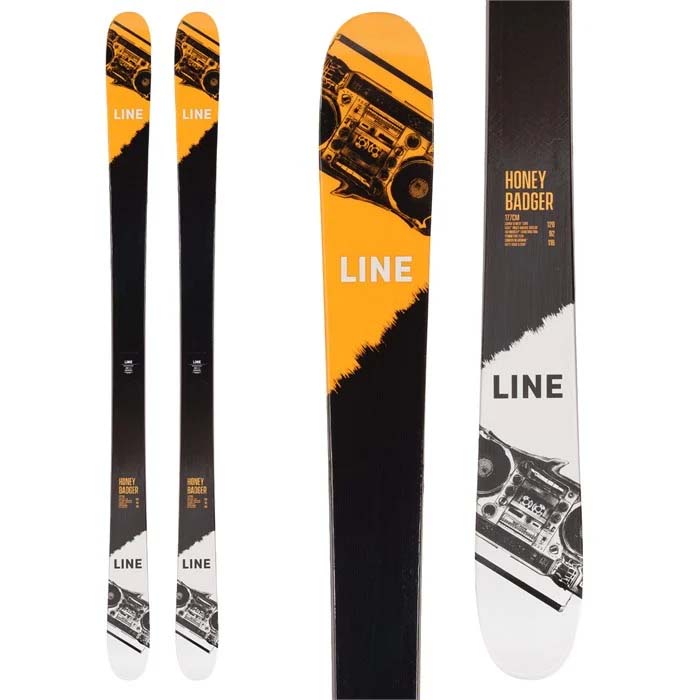2023 LINE Honey Badger skis (top graphic, yellow & black) are available at Mad Dog's Ski & Board in Abbotsford, BC. 