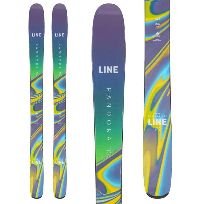 2023 LINE Pandora 104 women's skis (top graphic) available at Mad Dog's Ski & Board in Abbotsford, BC.