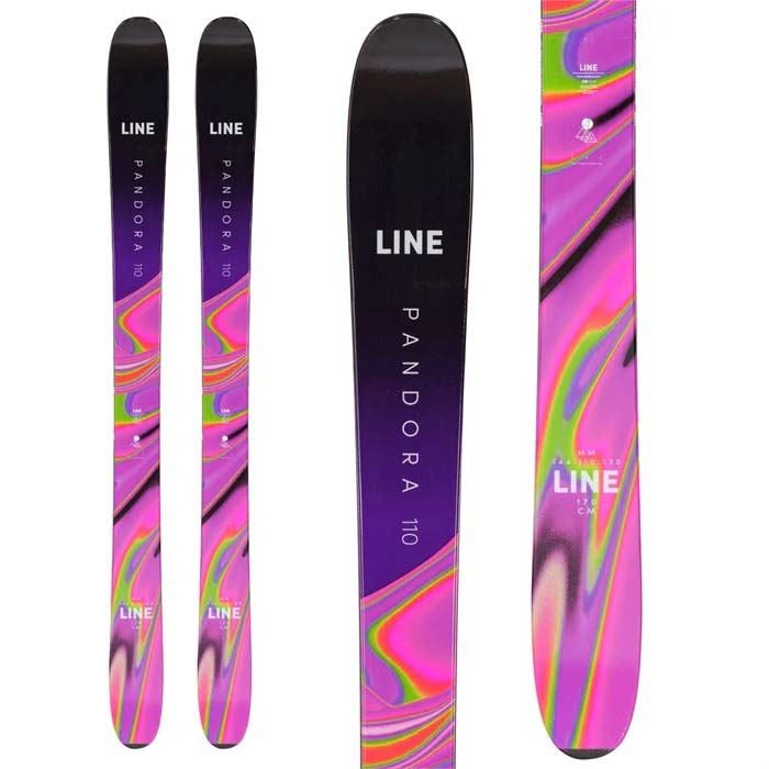 2023 LINE Pandora 110 women's skis (top graphic, purple) available at Mad Dog's Ski & Board in Abbotsford, BC.