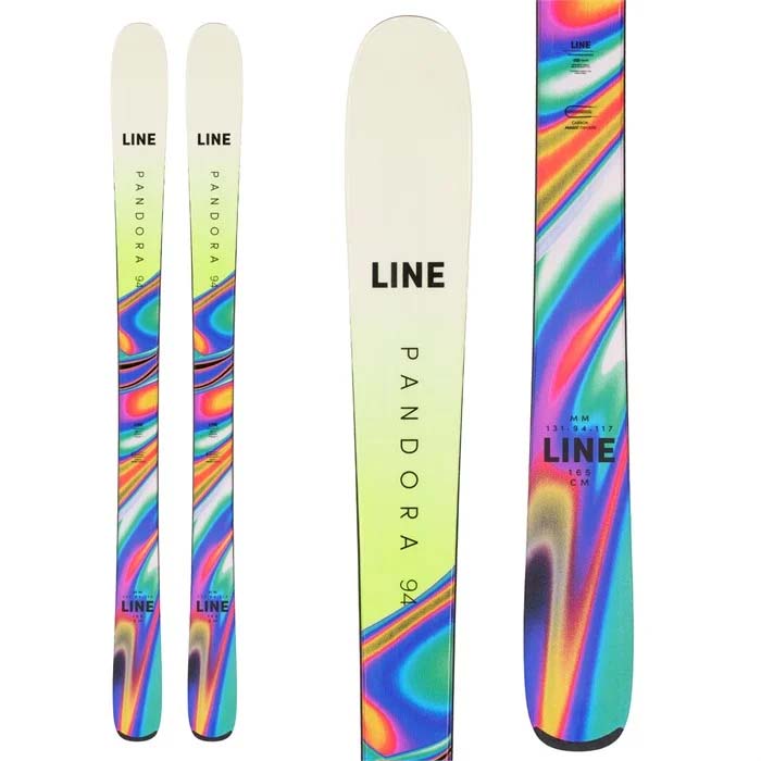 2023 LINE Pandora 94 women's skis (top graphic) available at Mad Dog's Ski & Board in Abbotsford, BC.