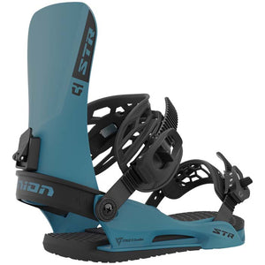 The 2023 Union STR snowboard bindings (blue) are available at Mad Dog's Ski & Board in Abbotsford, BC.