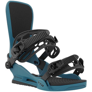The 2023 Union STR snowboard bindings (blue) are available at Mad Dog's Ski & Board in Abbotsford, BC.